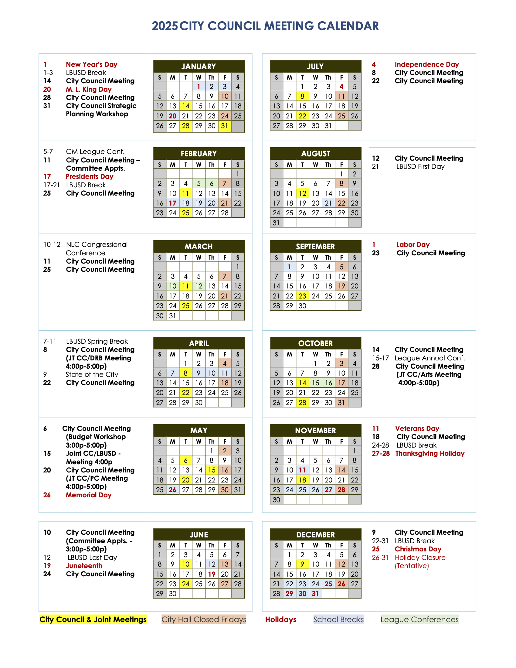 2025 Council Calendar